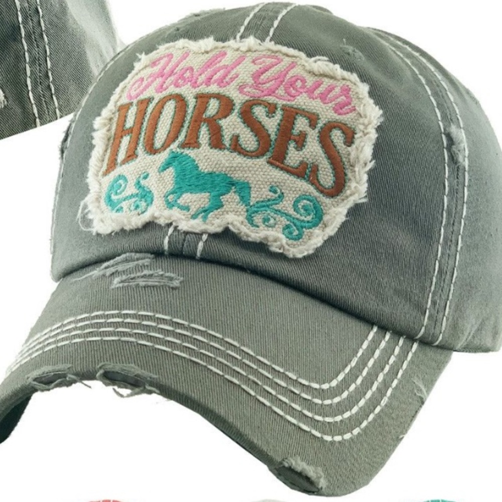 NWT Hold Your Horses Equestrian Themed Distressed Vintage-Wash Baseball HAT - Picture 7 of 7